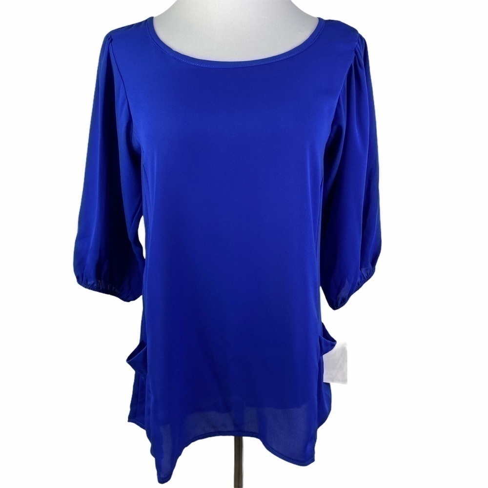 LDLA Hi-Low Tunic Blouse Women's Small Royal Blue Scoop Neck 3/4 Sleeve‎ NEW